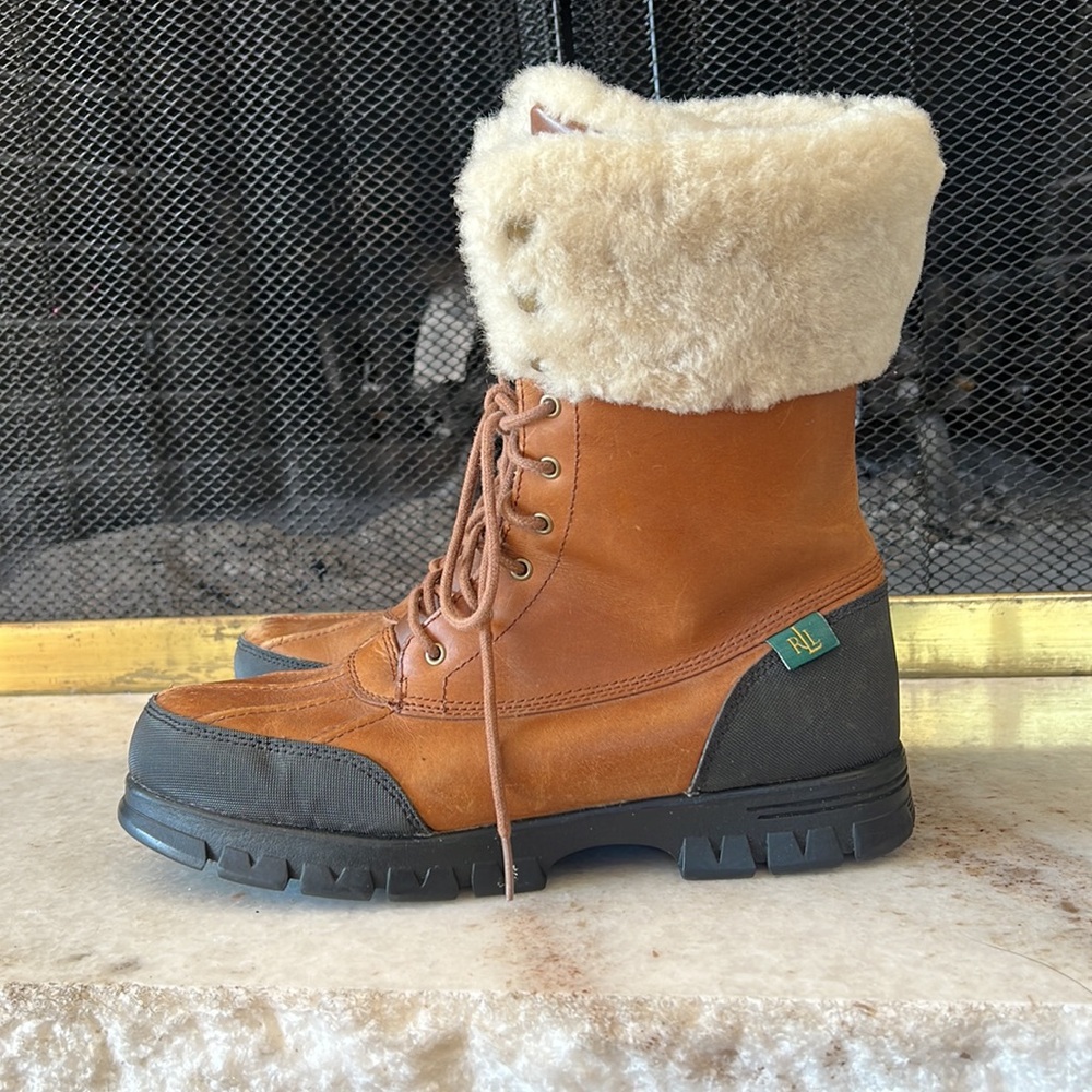 Ralph Lauren Tan Leather Shearling Winter Rain Boots